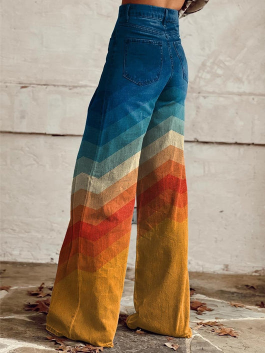 Mia | Damen Hochbund Wide-Leg Jeans Chevron Farbverlauf Retro