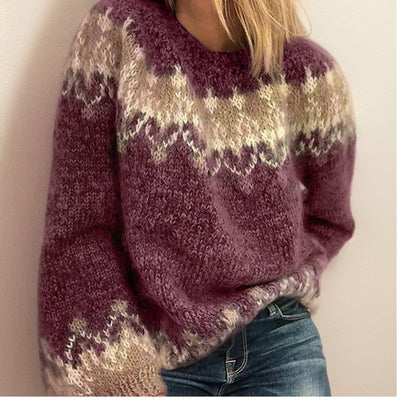 Frieda | Damen Jacquard Knit Sweater Isländischer Rundhals Pullover