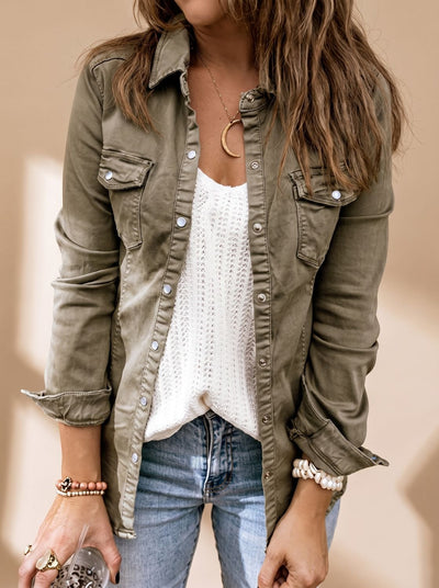 Annika | Damen Jeansjacke mit Knopfleiste Brusttaschen Hemdblusenkragen