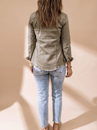 Annika | Damen Jeansjacke mit Knopfleiste Brusttaschen Hemdblusenkragen