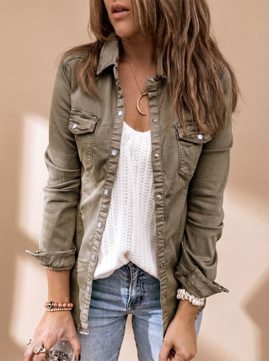 Annika | Damen Jeansjacke mit Knopfleiste Brusttaschen Hemdblusenkragen