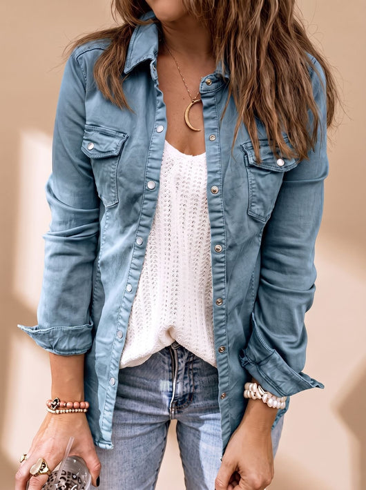 Annika | Damen Jeansjacke mit Knopfleiste Brusttaschen Hemdblusenkragen