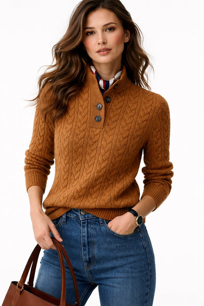 Elisabeth | Damen Kabelstrick Wollmix Rollkragen Sweater mit Knopfleiste
