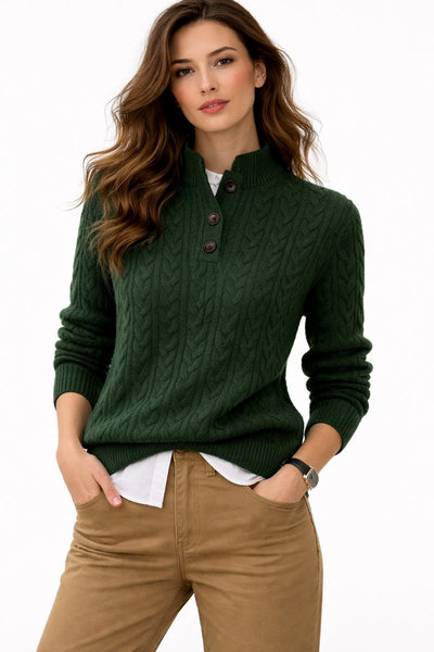 Elisabeth | Damen Kabelstrick Wollmix Rollkragen Sweater mit Knopfleiste