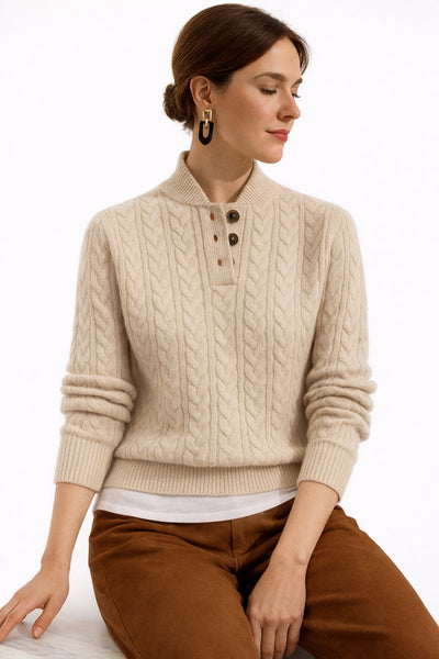 Elisabeth | Damen Kabelstrick Wollmix Rollkragen Sweater mit Knopfleiste