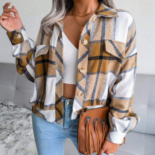 Mia | Damen Karierter Strickpullover Oversize Flanell Shacket Langarm