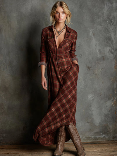 Emilia | Damen Kariertes Flanell Maxi-Hemdblusenkleid Formal Dresses