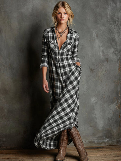Emilia | Damen Kariertes Flanell Maxi-Hemdblusenkleid Formal Dresses