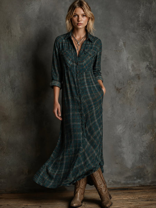 Emilia | Damen Kariertes Flanell Maxi-Hemdblusenkleid Formal Dresses