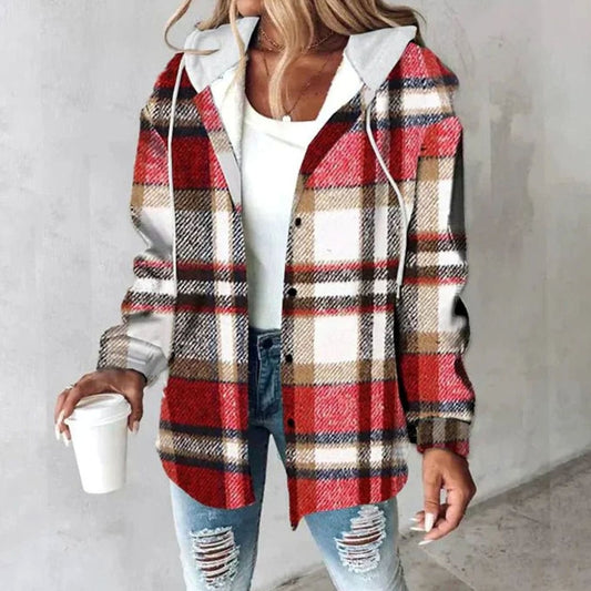 Amelie | Damen Karo Hoodie Jacke mit Kapuze Lockere Passform Winterjacke