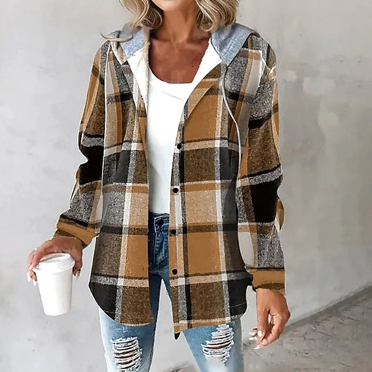 Amelie | Damen Karo Hoodie Jacke mit Kapuze Lockere Passform Winterjacke
