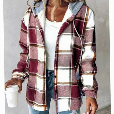 Amelie | Damen Karo Hoodie Jacke mit Kapuze Lockere Passform Winterjacke