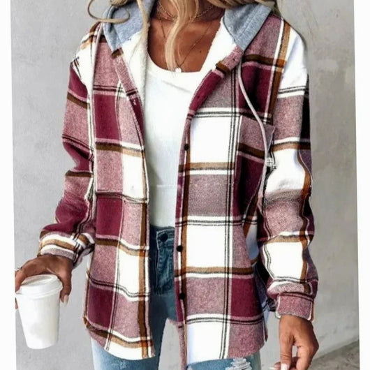 Amelie | Damen Karo Hoodie Jacke mit Kapuze Lockere Passform Winterjacke