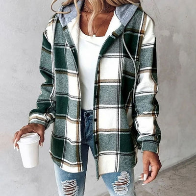 Amelie | Damen Karo Hoodie Jacke mit Kapuze Lockere Passform Winterjacke