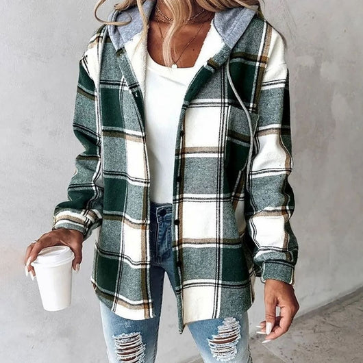 Amelie | Damen Karo Hoodie Jacke mit Kapuze Lockere Passform Winterjacke