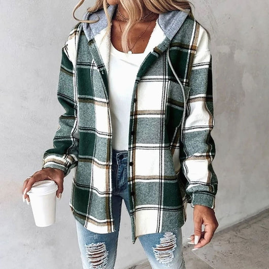 Amelie | Damen Karo Hoodie Jacke mit Kapuze Lockere Passform Winterjacke