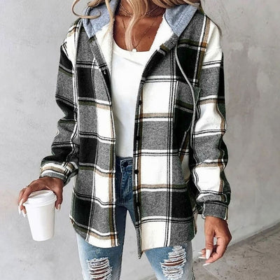 Amelie | Damen Karo Hoodie Jacke mit Kapuze Lockere Passform Winterjacke