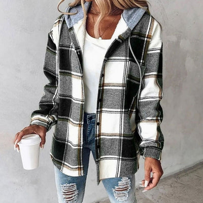 Amelie | Damen Karo Hoodie Jacke mit Kapuze Lockere Passform Winterjacke