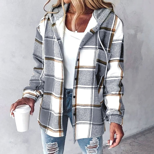 Amelie | Damen Karo Hoodie Jacke mit Kapuze Lockere Passform Winterjacke