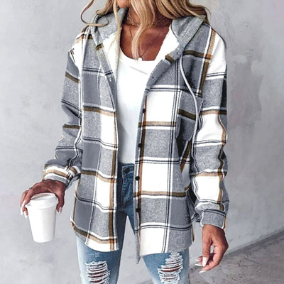 Amelie | Damen Karo Hoodie Jacke mit Kapuze Lockere Passform Winterjacke