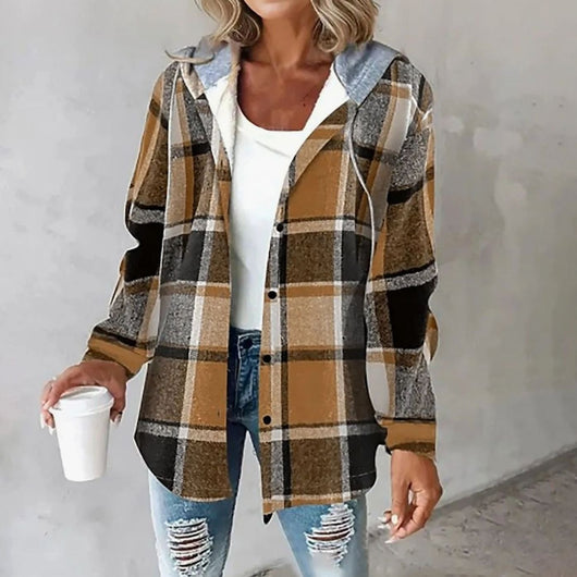 Amelie | Damen Karo Hoodie Jacke mit Kapuze Lockere Passform Winterjacke