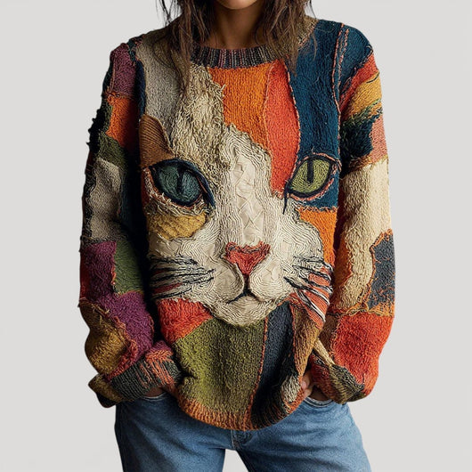 Annika | Damen Katzen-Motiv Bunter Strickpullover Rundhals Relaxed Fit