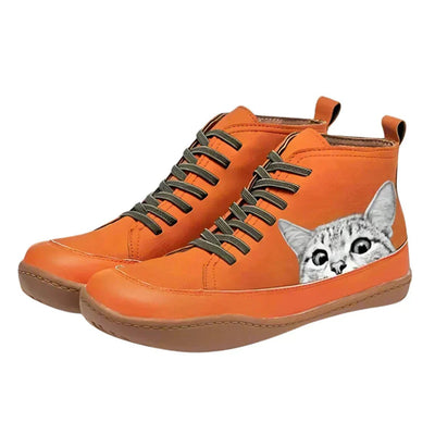 Nora | Damen Katzenmotiv Schnürsenkel Leder Ankle Boots