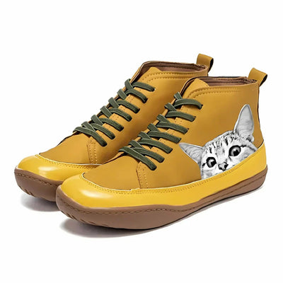 Nora | Damen Katzenmotiv Schnürsenkel Leder Ankle Boots