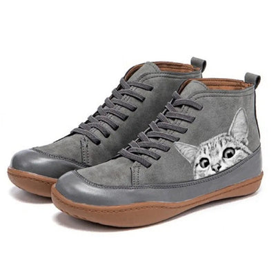 Nora | Damen Katzenmotiv Schnürsenkel Leder Ankle Boots