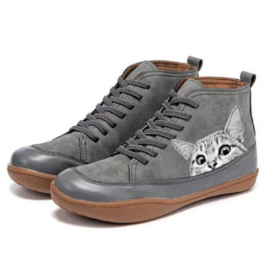 Nora | Damen Katzenmotiv Schnürsenkel Leder Ankle Boots