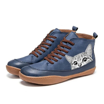 Nora | Damen Katzenmotiv Schnürsenkel Leder Ankle Boots