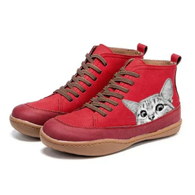 Nora | Damen Katzenmotiv Schnürsenkel Leder Ankle Boots