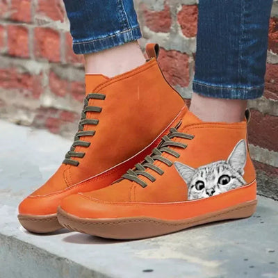 Nora | Damen Katzenmotiv Schnürsenkel Leder Ankle Boots
