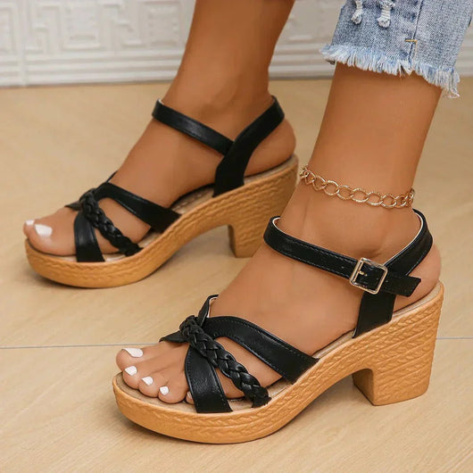 Annika | Damen Keilabsatz-Sandalen geflochtene Riemen Knöchelschnalle