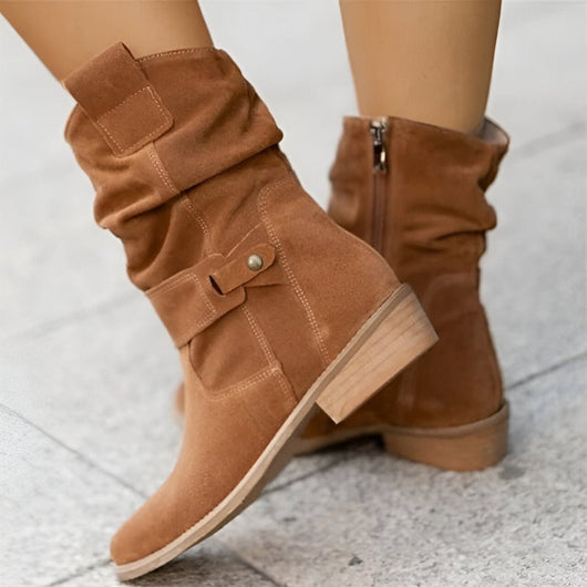 Frieda | Damen Knee High Boots Wildlederimitat Schlupfstiefel mit Blockabsatz