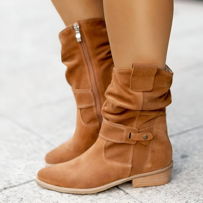 Frieda | Damen Knee High Boots Wildlederimitat Schlupfstiefel mit Blockabsatz