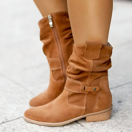 Frieda | Damen Knee High Boots Wildlederimitat Schlupfstiefel mit Blockabsatz