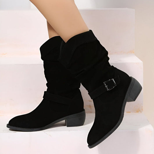 Frieda | Damen Knee High Boots Wildlederimitat Schlupfstiefel mit Blockabsatz