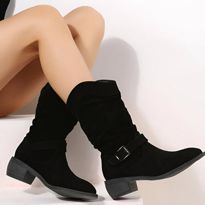 Frieda | Damen Knee High Boots Wildlederimitat Schlupfstiefel mit Blockabsatz