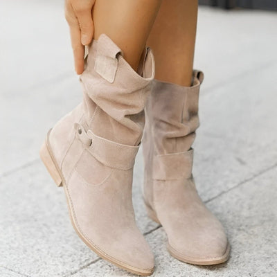 Frieda | Damen Knee High Boots Wildlederimitat Schlupfstiefel mit Blockabsatz