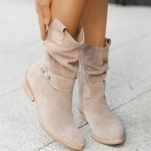 Frieda | Damen Knee High Boots Wildlederimitat Schlupfstiefel mit Blockabsatz