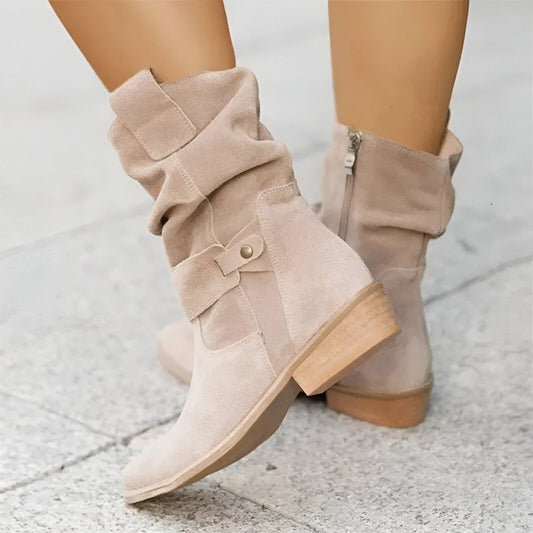 Frieda | Damen Knee High Boots Wildlederimitat Schlupfstiefel mit Blockabsatz