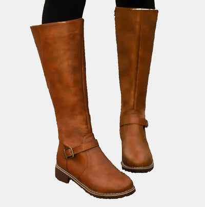 Nora | Damen Kniehohe Stiefel Kunstleder Schnalle Reißverschluss Knee High Boots