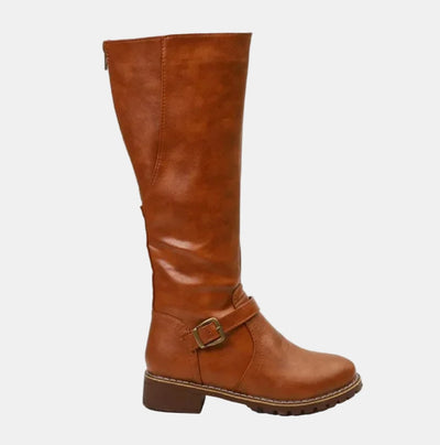 Nora | Damen Kniehohe Stiefel Kunstleder Schnalle Reißverschluss Knee High Boots