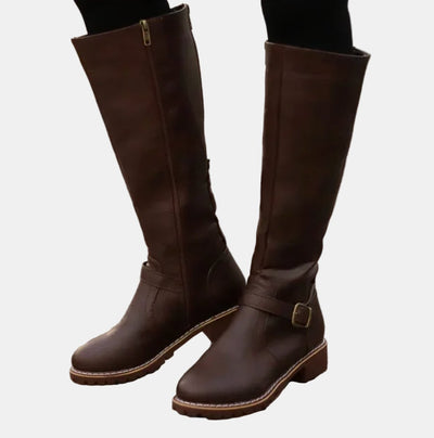 Nora | Damen Kniehohe Stiefel Kunstleder Schnalle Reißverschluss Knee High Boots