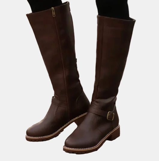Nora | Damen Kniehohe Stiefel Kunstleder Schnalle Reißverschluss Knee High Boots