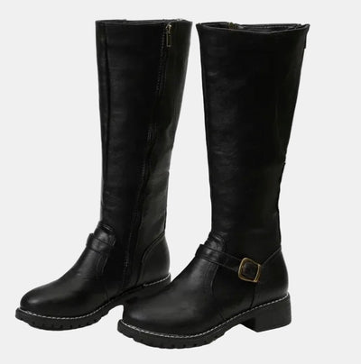 Nora | Damen Kniehohe Stiefel Kunstleder Schnalle Reißverschluss Knee High Boots