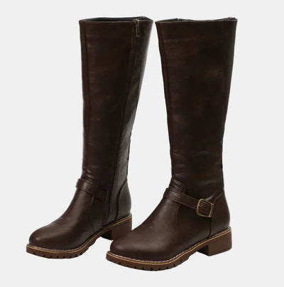 Nora | Damen Kniehohe Stiefel Kunstleder Schnalle Reißverschluss Knee High Boots
