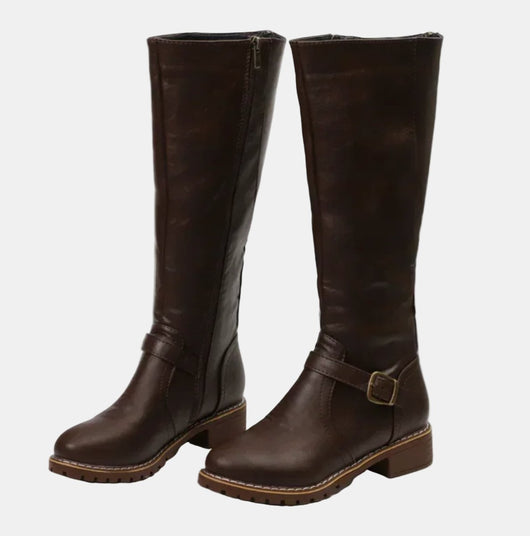 Nora | Damen Kniehohe Stiefel Kunstleder Schnalle Reißverschluss Knee High Boots