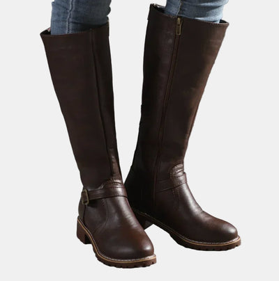 Nora | Damen Kniehohe Stiefel Kunstleder Schnalle Reißverschluss Knee High Boots